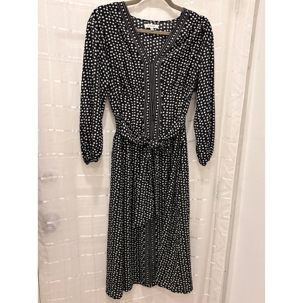 Max Studio Polka Dot Midi Dress Black White V-Neck Long Sleeve Small A912C60
